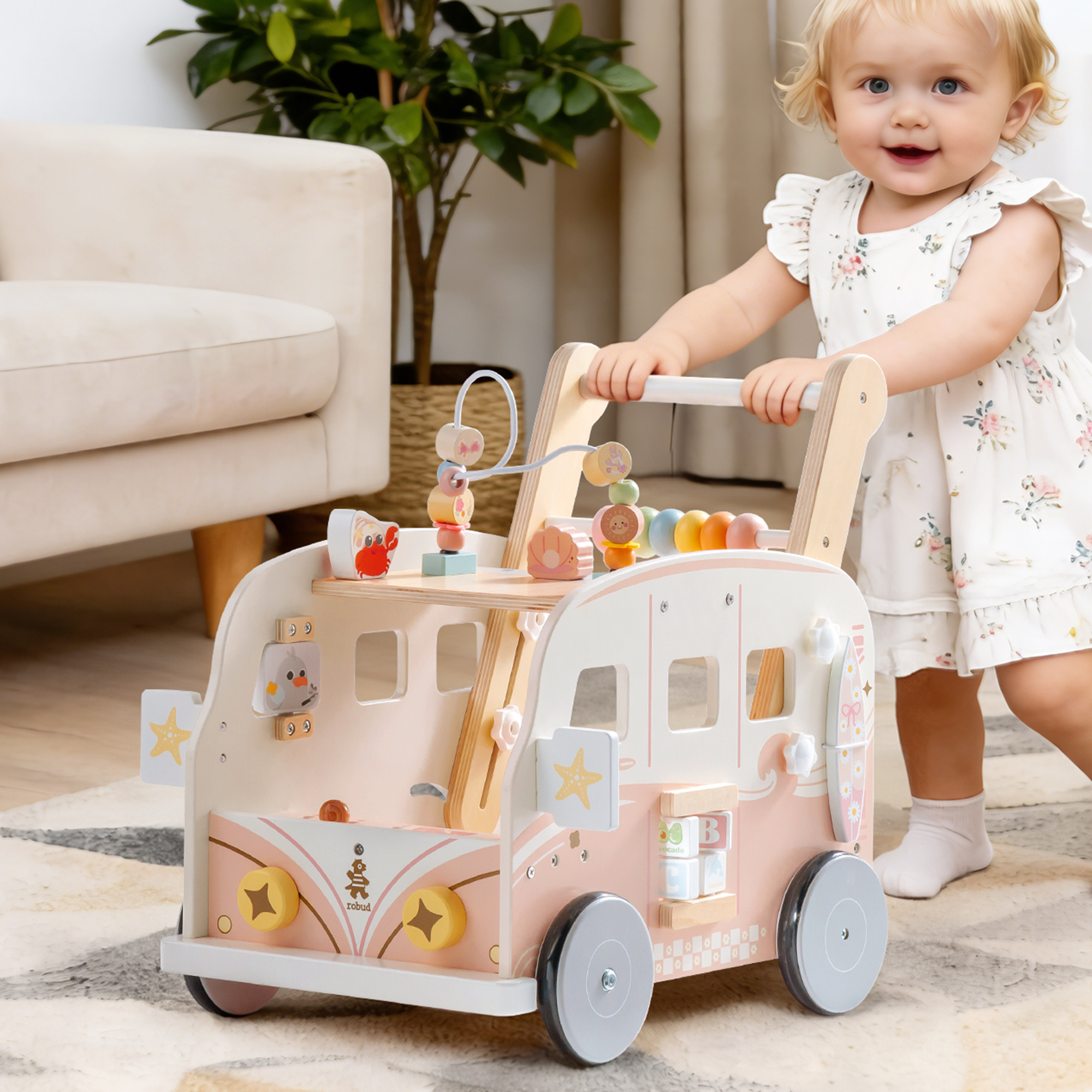 ROBUD Wooden Baby Push Walker - Pink Vacation Bus	