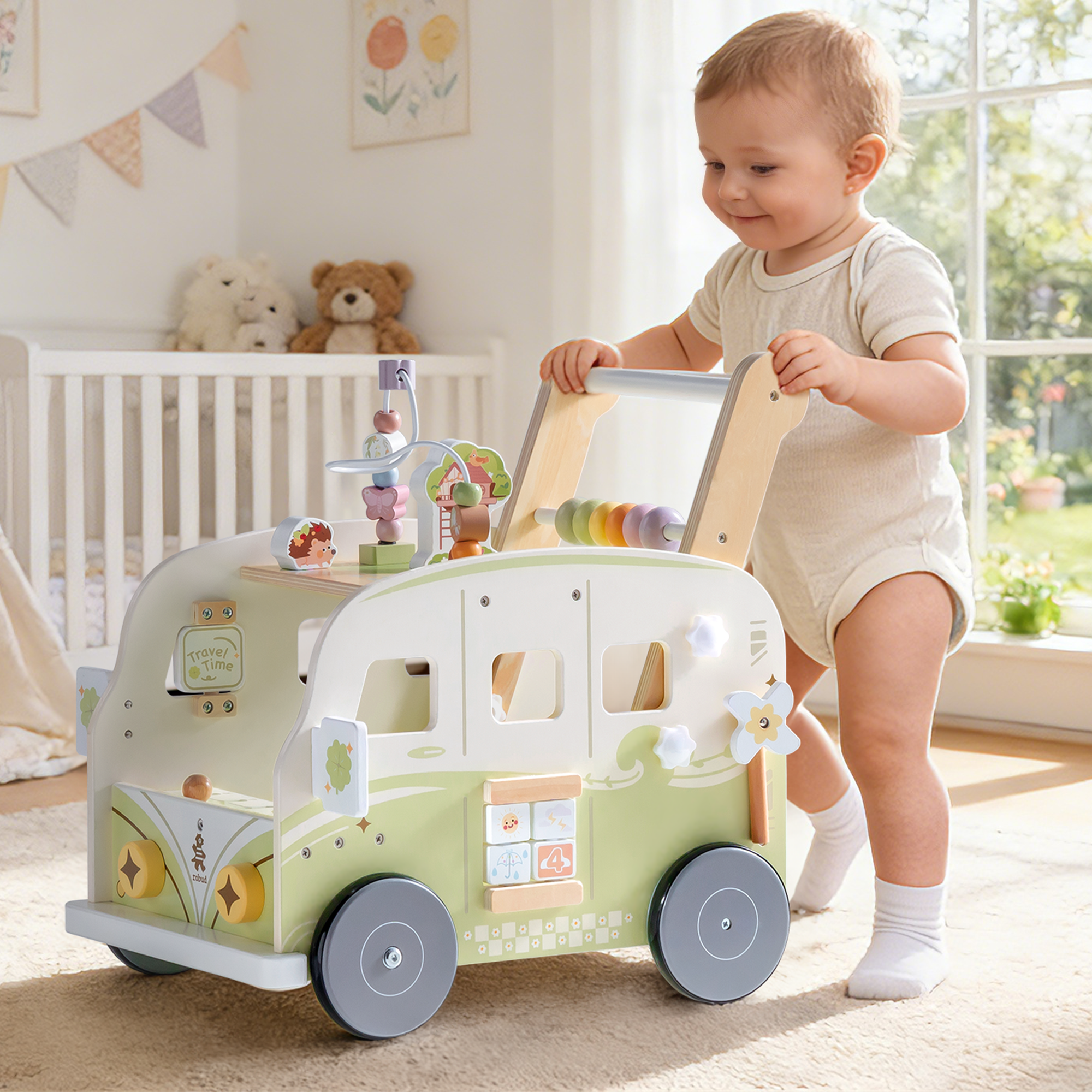 ROBUD Wooden Baby Push Walker - Green Vacation Bus	