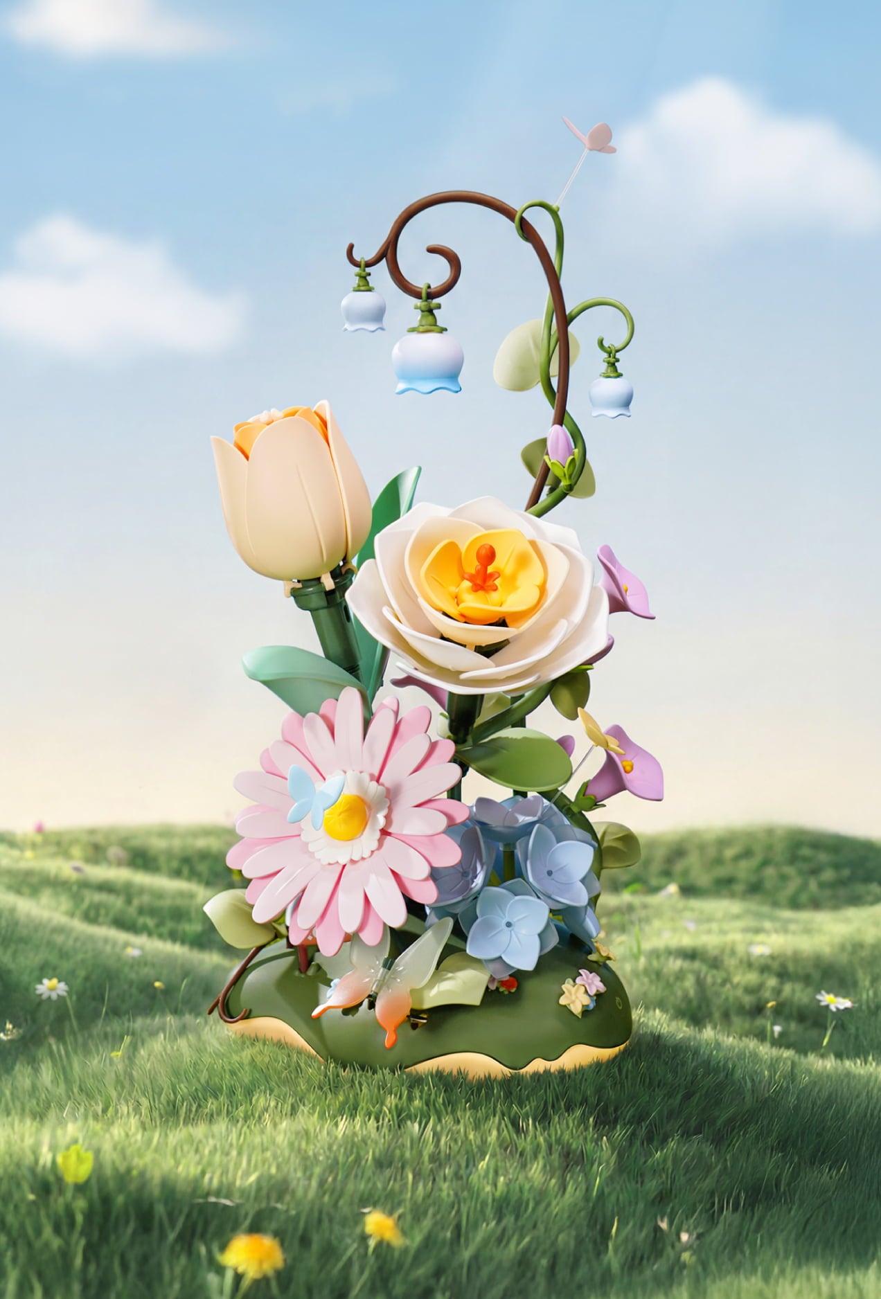 Floral wooden lamp with peach, pink and blue blossoms glowing in a green meadow