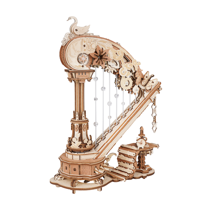 ROKR Magic Harp AMK71 wooden music box in natural wood finish with swan neck column and crystal bead strings