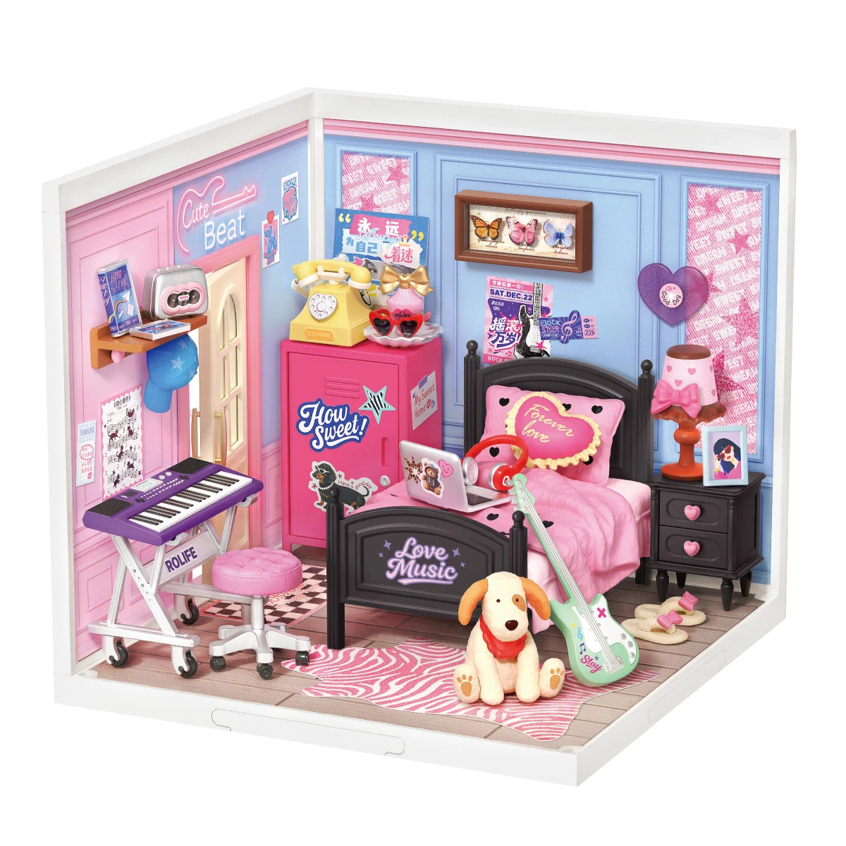 Rolife miniature bedroom diorama with pink and blue walls, black bed with pink bedding, keyboard on stand, pink locker, guitar, dog figure and music-themed decor.