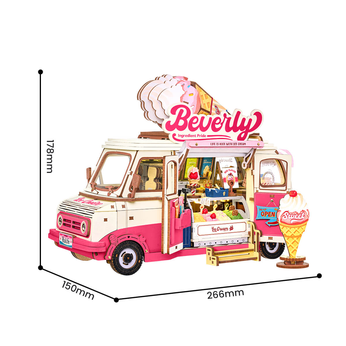 Rolife Beverly's Ice Cream Truck 3D Wooden Puzzle TGS06 3D wooden vehicle puzzle, styled lifestyle scene with model assembled