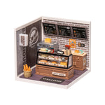 Rolife Super Creator Golden Wheat Bakery DW005 DIY miniature dollhouse kit, exploded view of components and parts