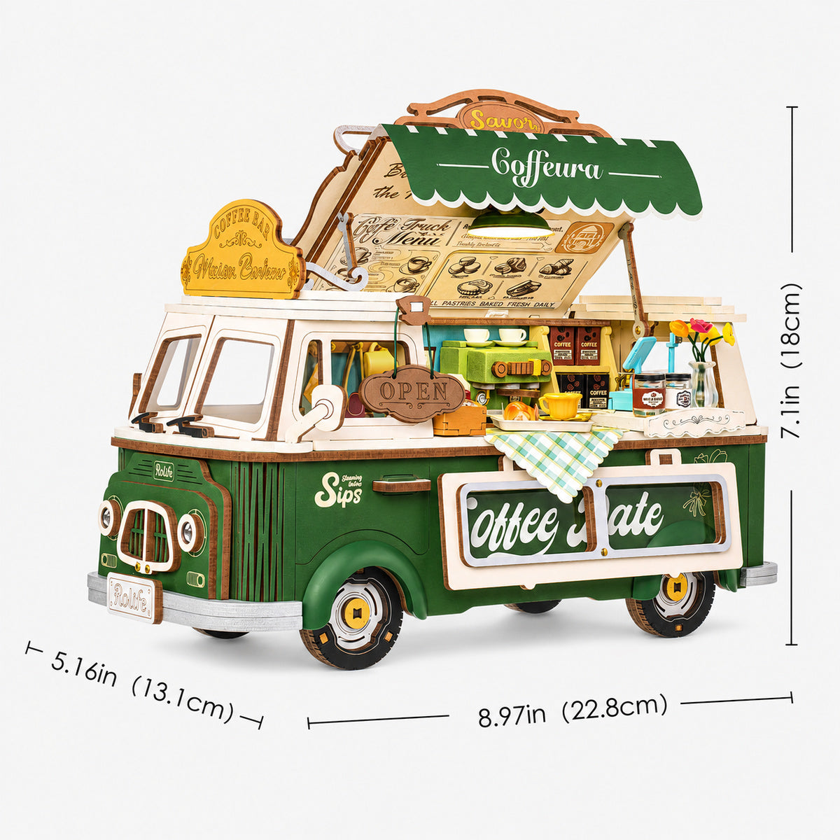 Rolife Leo's Coffee Truck wooden 3D puzzle with overlay dimensions of 7.1 by 5.16 by 8.97 inches on white background