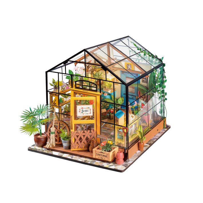 Rolife Cathys Flower House DG104 DIY miniature greenhouse with glass walls potted plants and a yellow door