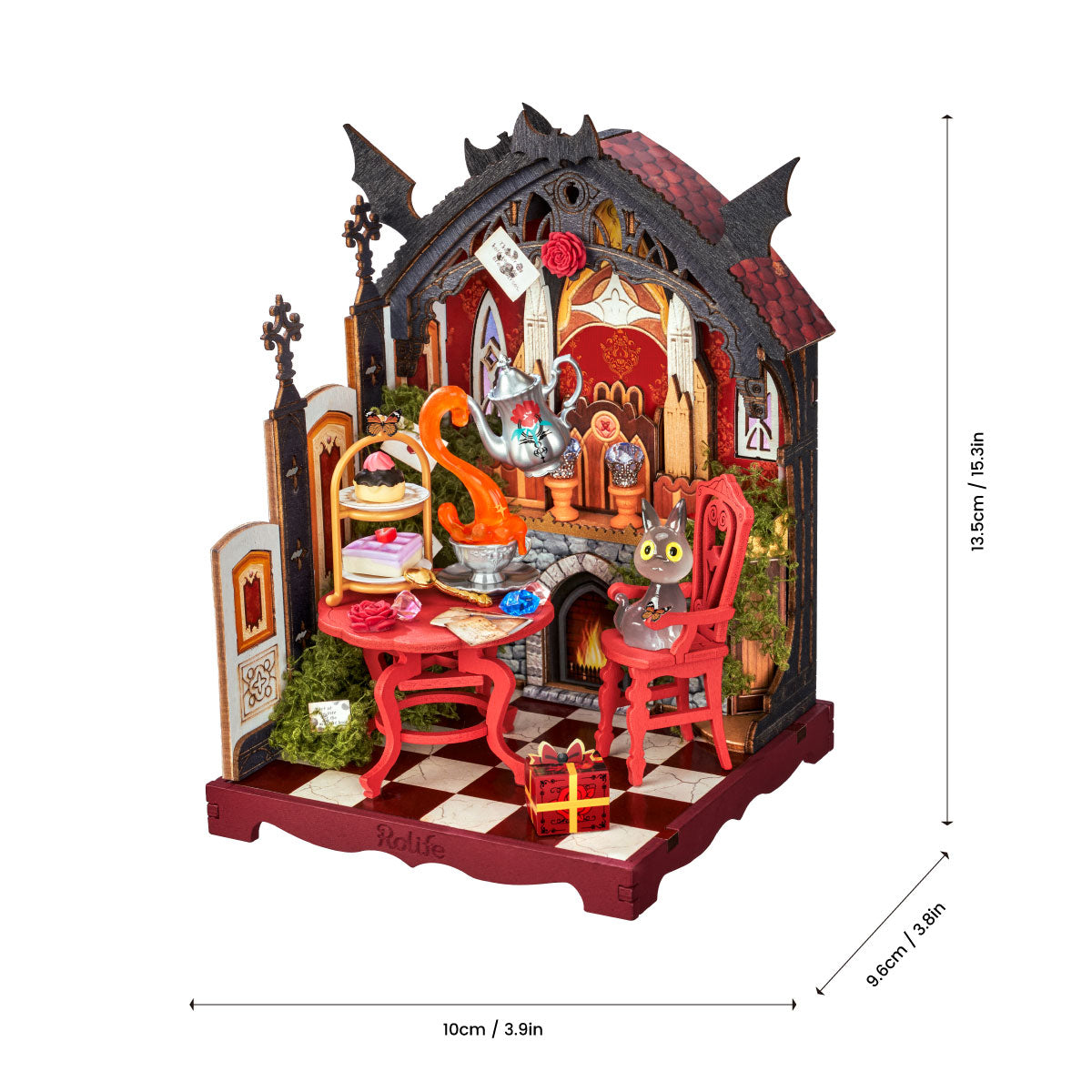 Rolife Rosa Salon DS055 size chart showing assembled dimensions 10 x 9.6 x 13.5 cm, or 3.9 x 3.8 x 5.3 in