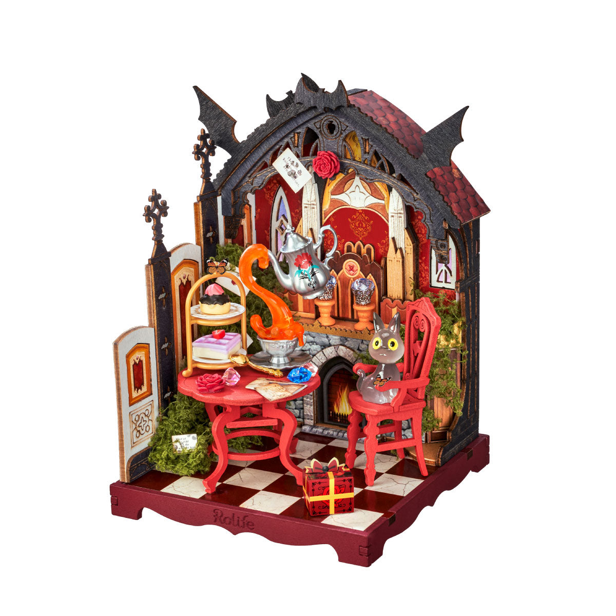 Rolife Rosa Salon DS055 white background product image showing a gothic red miniature salon with teapot, cat chair, fireplace, cakes and rose details