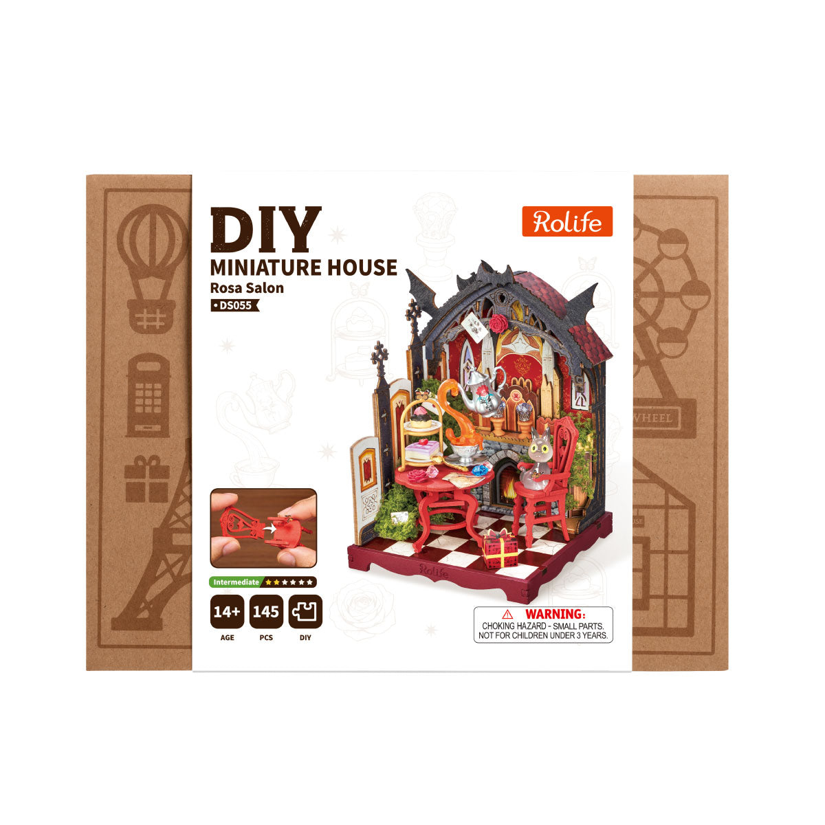 Rolife Rosa Salon DS055 package box showing the DIY miniature house artwork, 145 pieces and intermediate difficulty