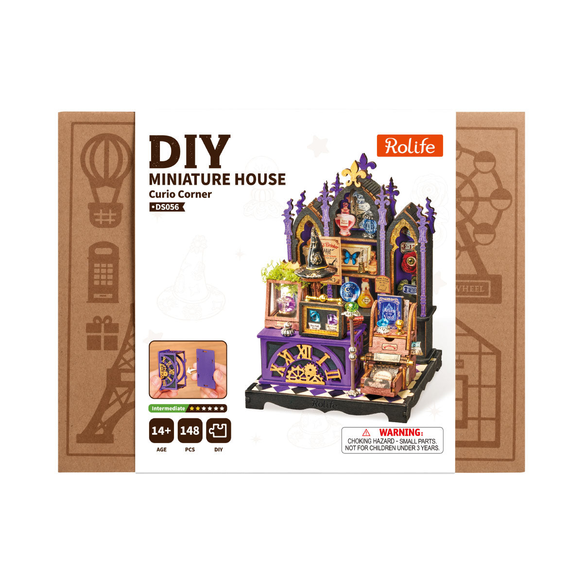 Rolife Curio Corner DS056 package box showing the DIY miniature house artwork, 148 pieces and intermediate difficulty