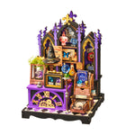 Rolife Curio Corner DS056 white background product image showing a purple gothic miniature shop with crystal ball, wizard hat, potion bottles, books and clock base