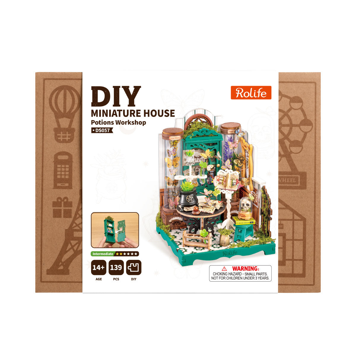 Rolife Potions Workshop DS057 package box showing the DIY miniature house artwork and butterfly apothecary design