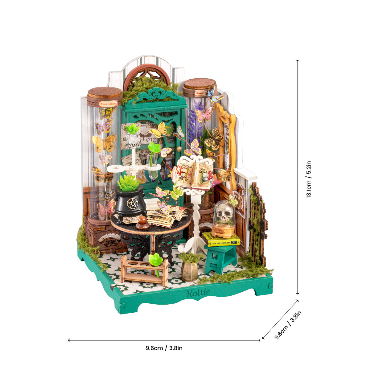 Rolife Potions Workshop DS057 size chart showing assembled dimensions 9.6 x 9.6 x 13.1 cm, or 3.8 x 3.8 x 5.2 in
