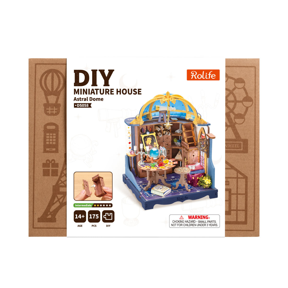 Rolife Astral Dome DS058 package box showing the DIY miniature house artwork and astrology room design