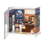 Rolife Butter Bakery House DWS03B main hero shot with acrylic front door open, revealing the full bakery counter with bread display rack and baguette sack.