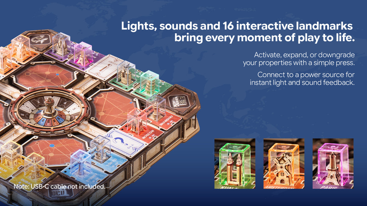 Robotime interactive city map with colorful glowing landmarks and sound controls on blue