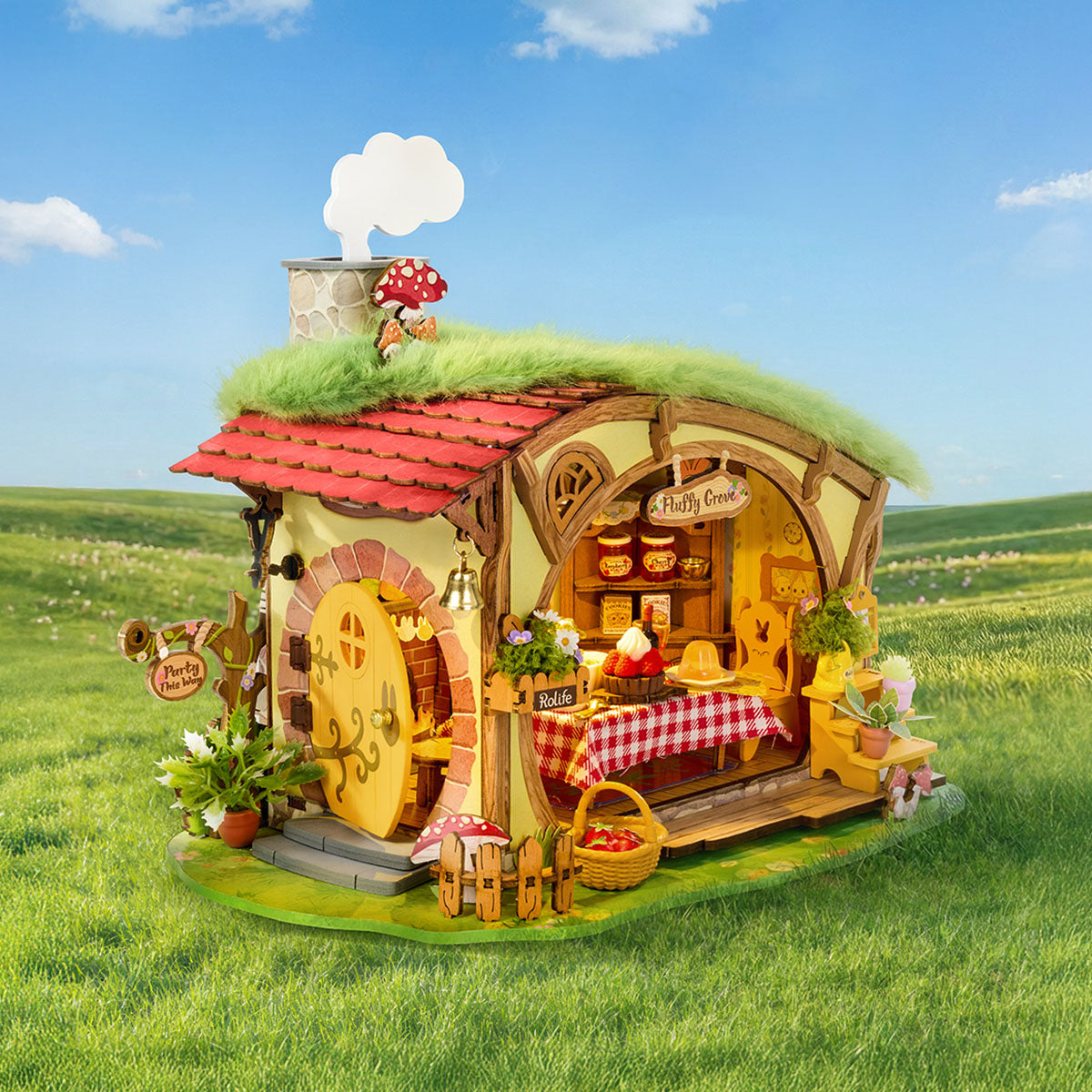 Rolife Fluffy Grove miniature house displayed in a sunny green meadow scene