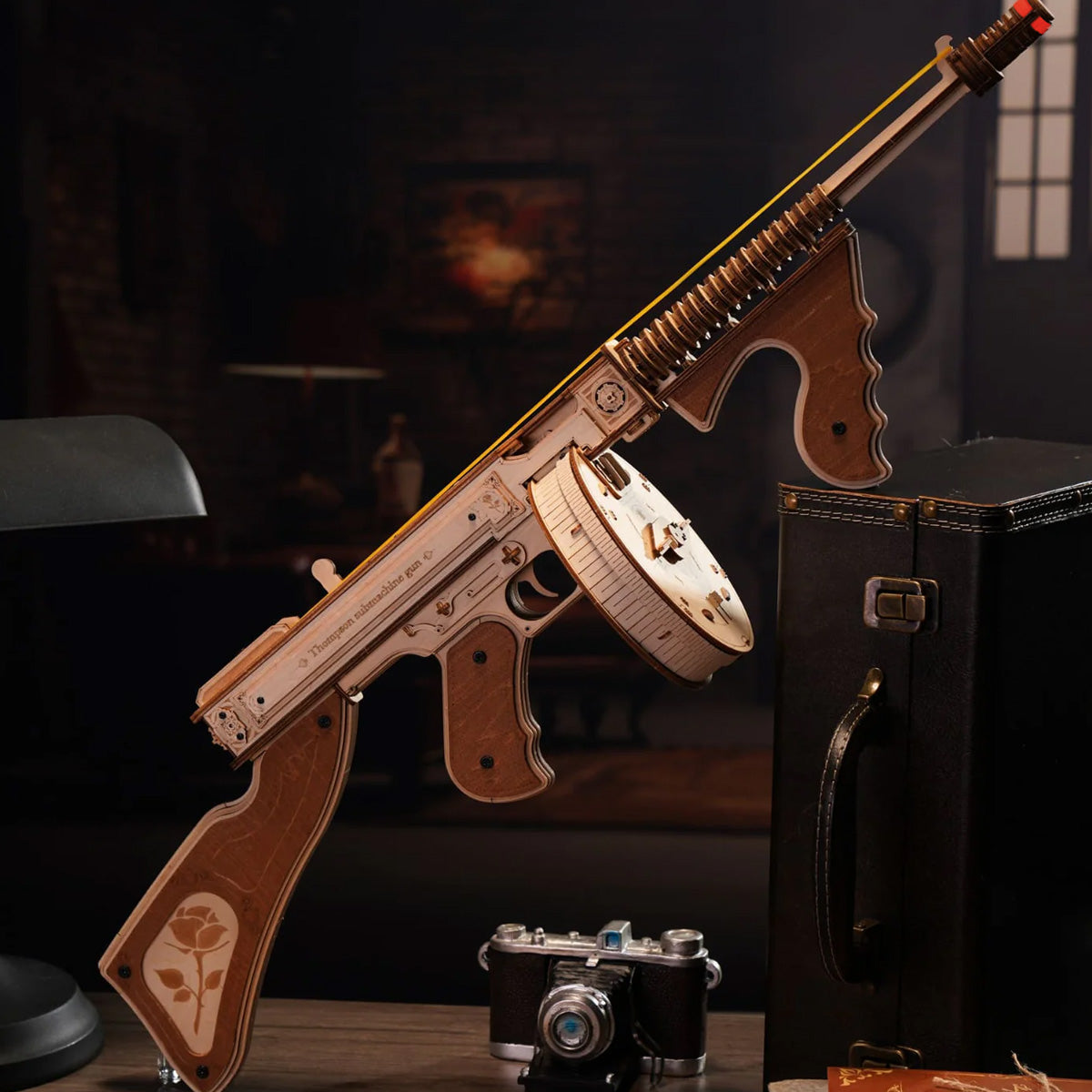 ROKR Thompson Submachine Gun Wooden Puzzle Kit – 3D Firing Model Toy For Boys 12+ – Games 100 Award