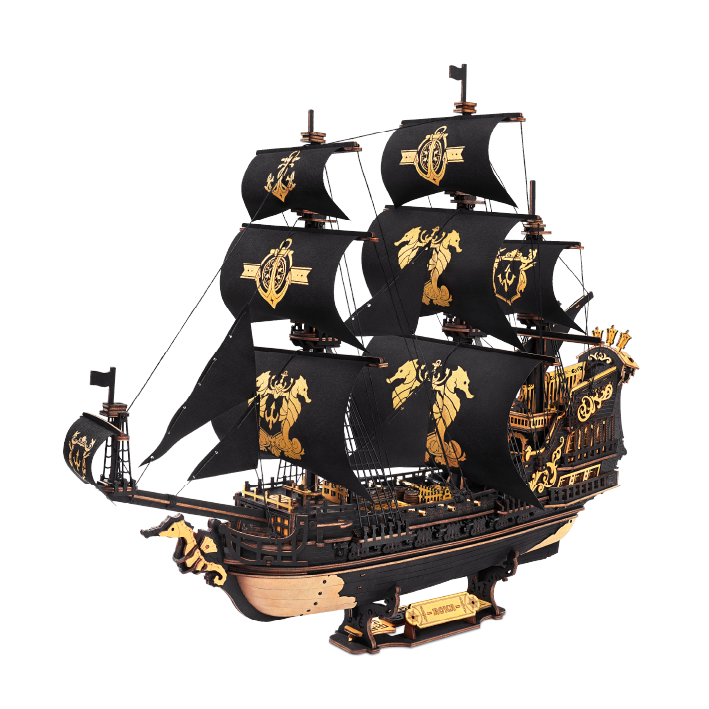 ROKR Seahorse Barque MCB02 wooden tall ship with black sails featuring gold skull emblems on white background
