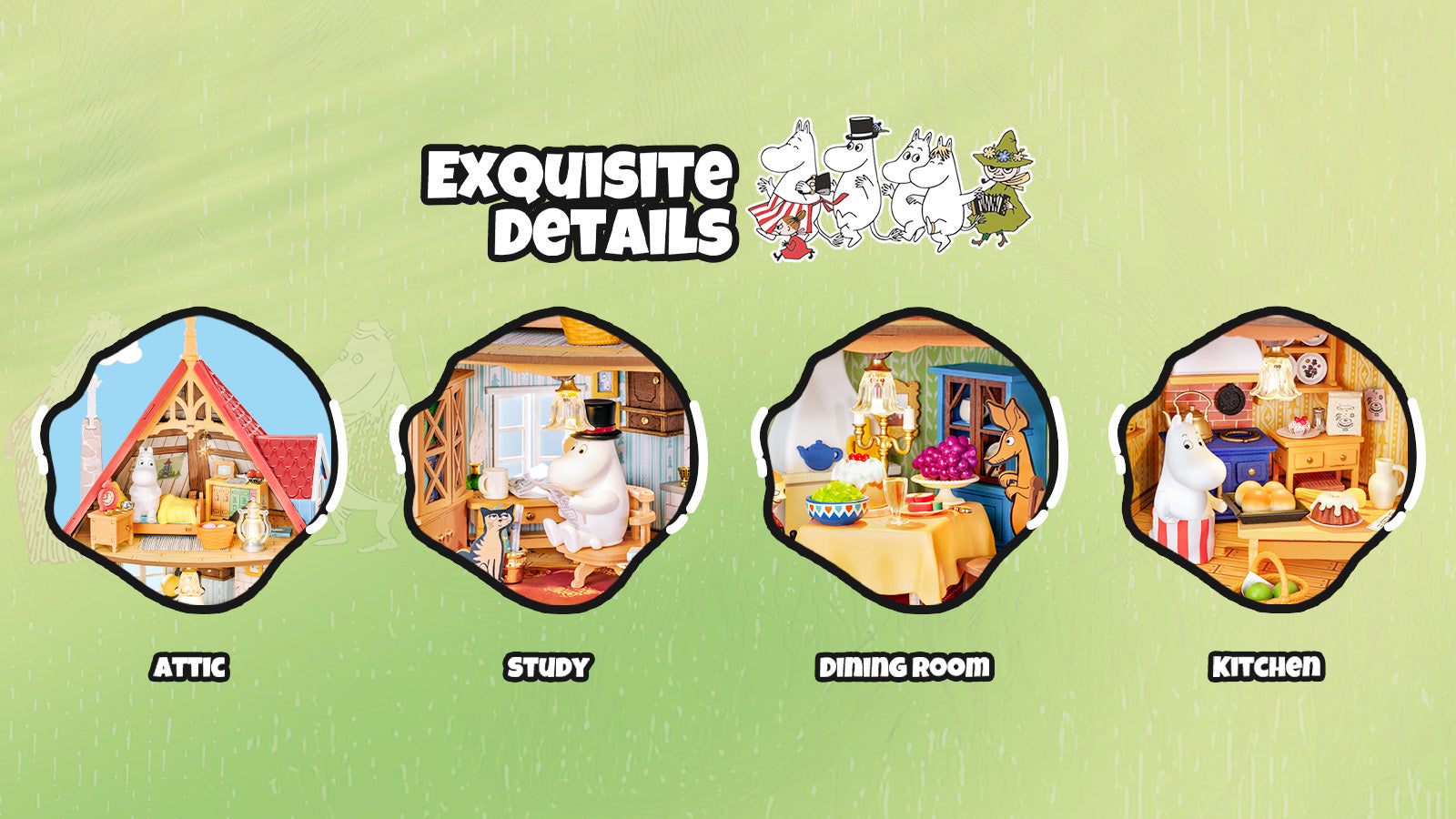 Rolife Moominhouse detail image showing attic, study, dining room, and kitchen details