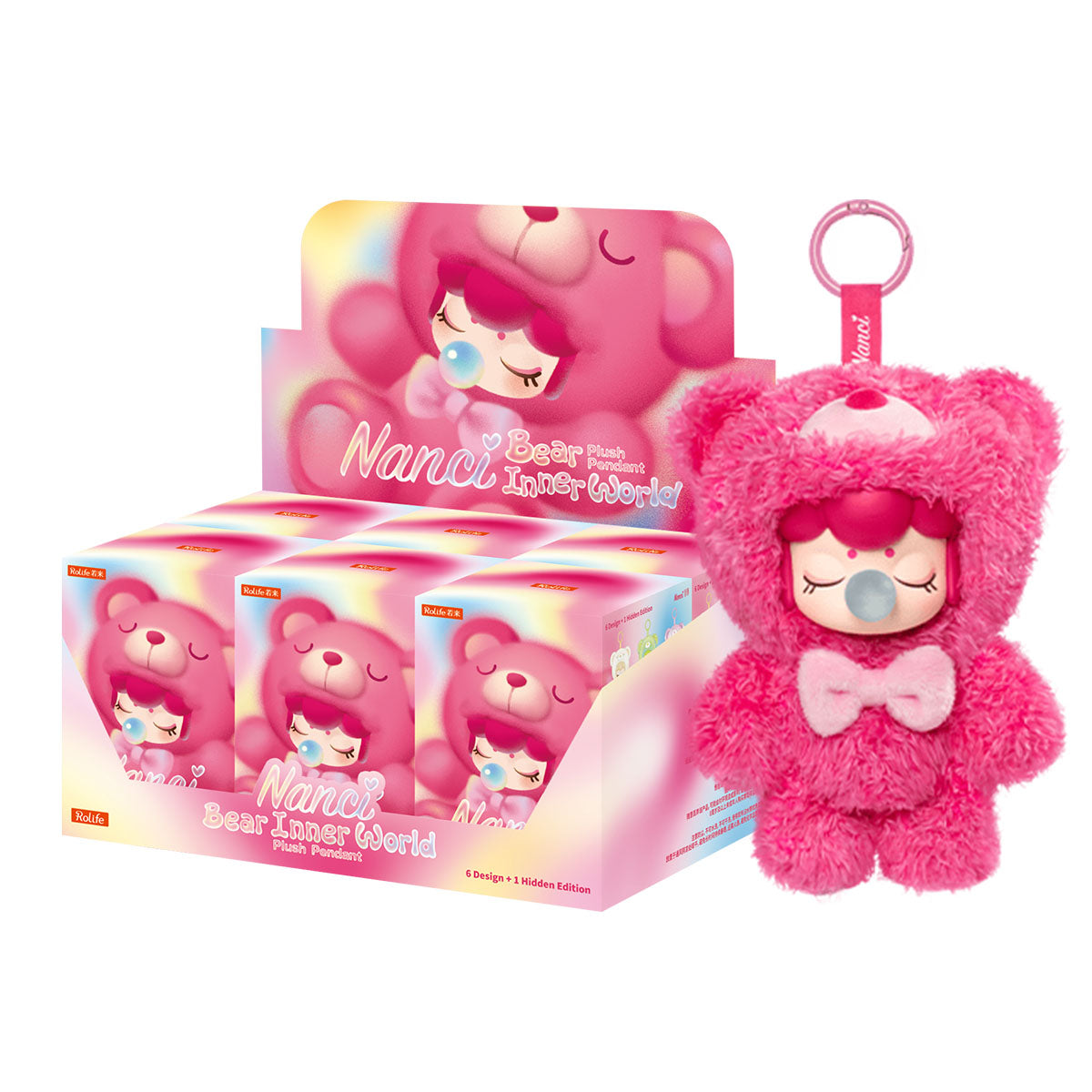 Rolife Nanci Bear Inner World blind box display with pink bear plush pendant