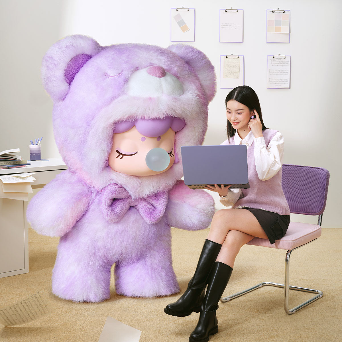 Rolife Nanci Bear Inner World purple bear plush pendant office lifestyle scene
