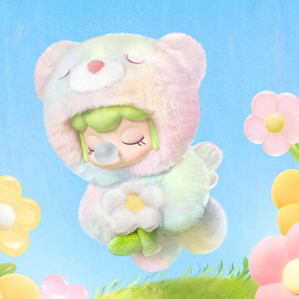Nanci Spring Bear plush pendant shown floating in a pastel spring scene