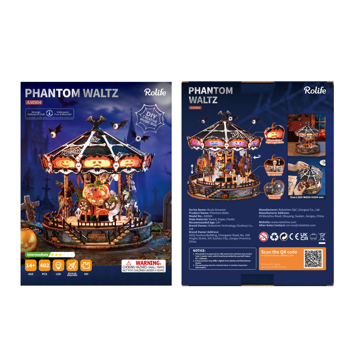 Rolife Phantom Waltz DIY Music Box AMS04 packaging image showing front box, back box, product features, and size information