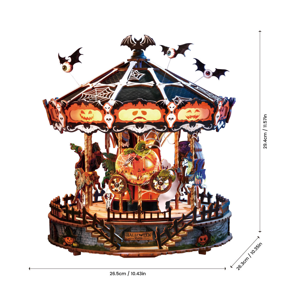 Rolife Phantom Waltz DIY Music Box AMS04 size chart showing 26.5 x 26.3 x 29.4 cm dimensions