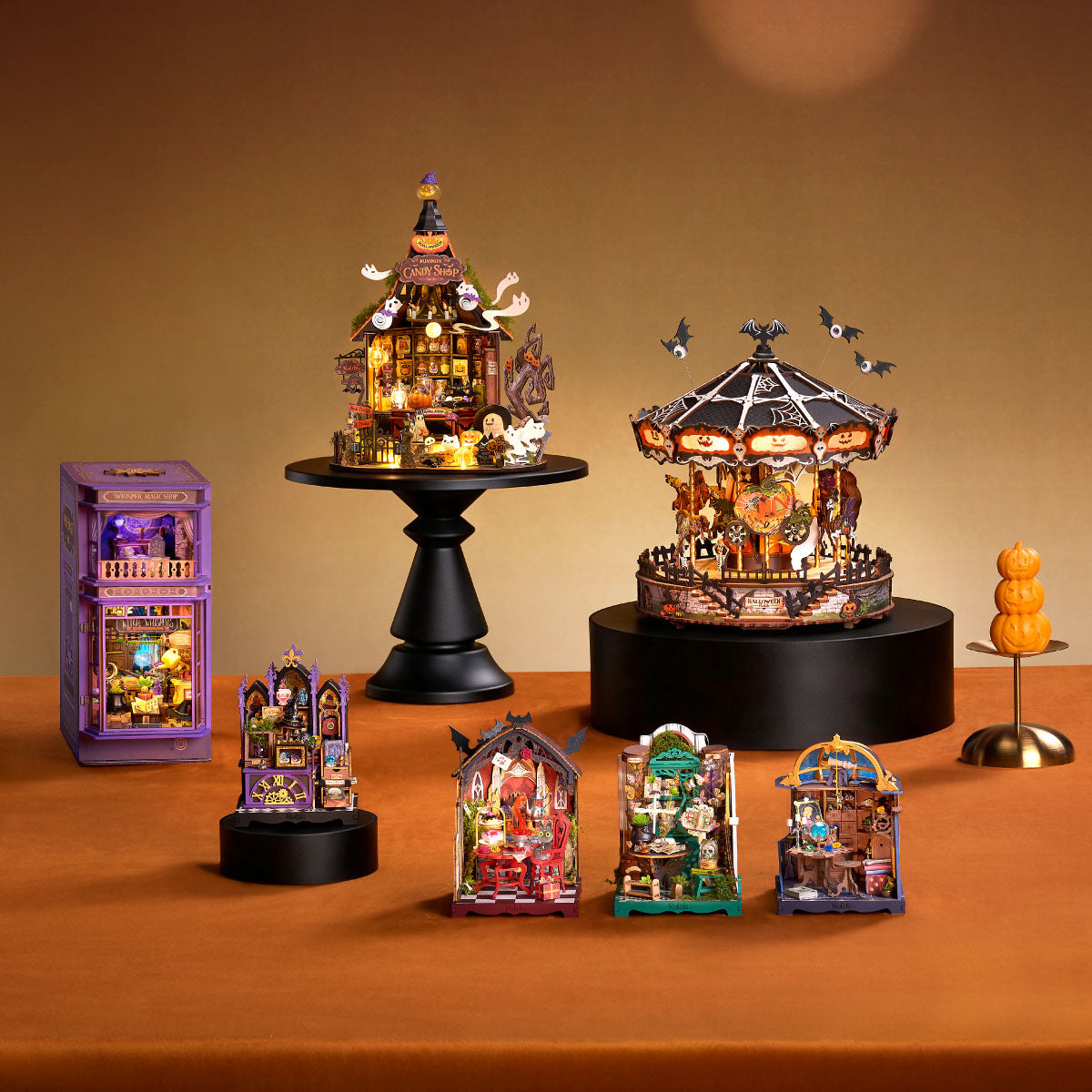 Rolife Phantom Waltz DIY Music Box AMS04 Halloween miniature collection display with the Phantom Waltz carousel and matching Rolife kits