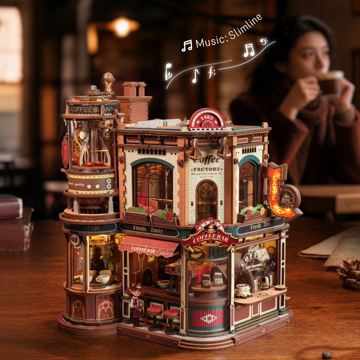 ROKR Dream Coffee Factory Music Box Wooden 3D Puzzle EAB02