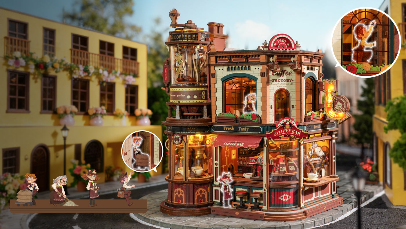 ROKR Dream Coffee Factory EAB02 Doe-het-zelf miniatuur poppenhuis ROKR Dream Coffee Factory EAB02 Doe-het-zelf miniatuur poppenhuis