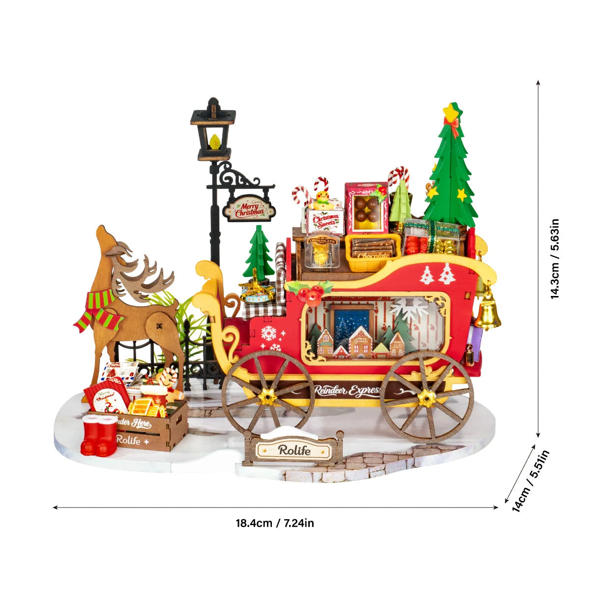 Rolife wooden reindeer and red sleigh miniature with dimensions: 18.4cm / 7.24in wide, 14cm / 5.5in deep, and 14.3cm / 5.63in high.