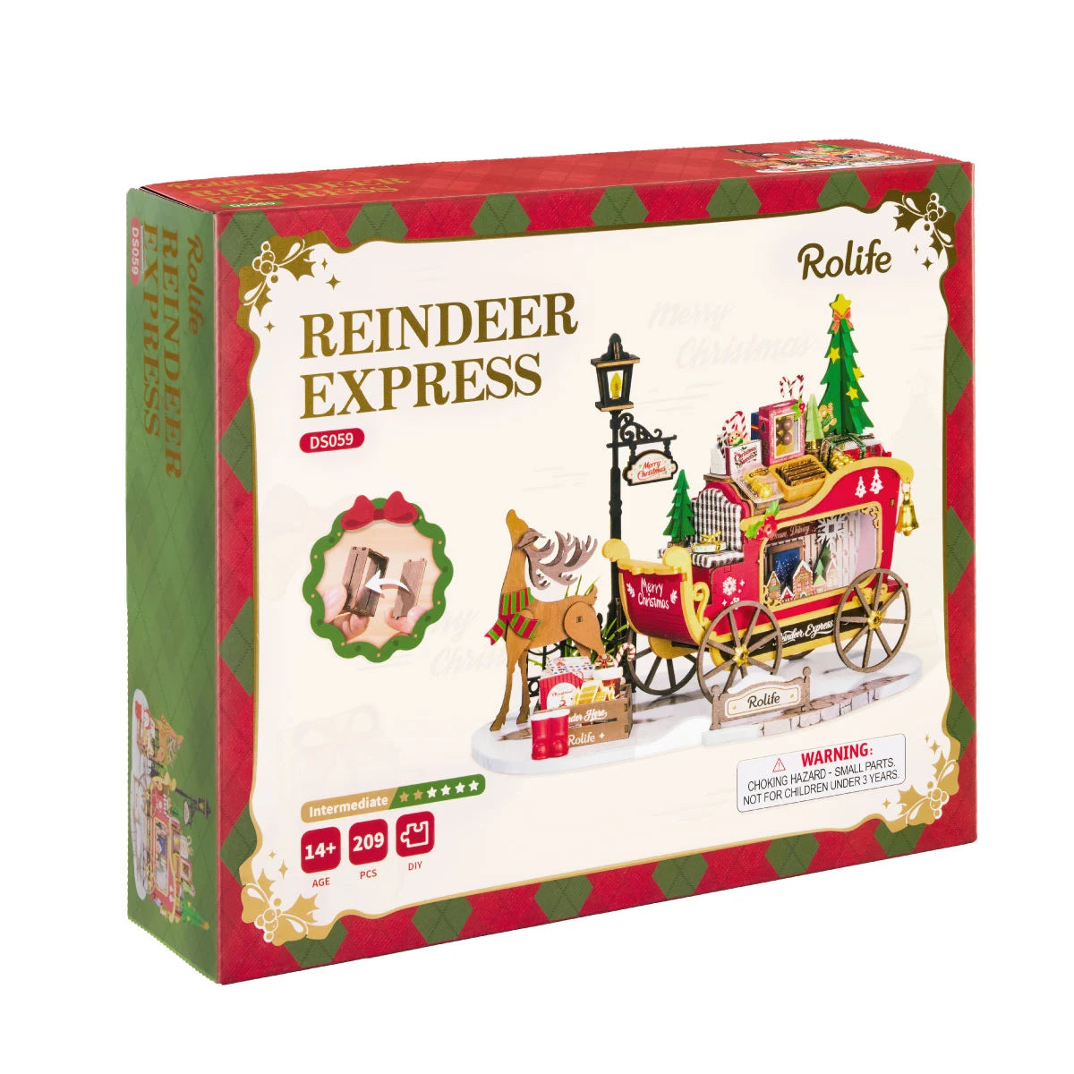Rolife Reindeer Express DS059 box front showing a red and gold miniature Christmas carriage with reindeer, lamp post, tree and gifts, plus 14+, 209 pcs and intermediate skill labels.
