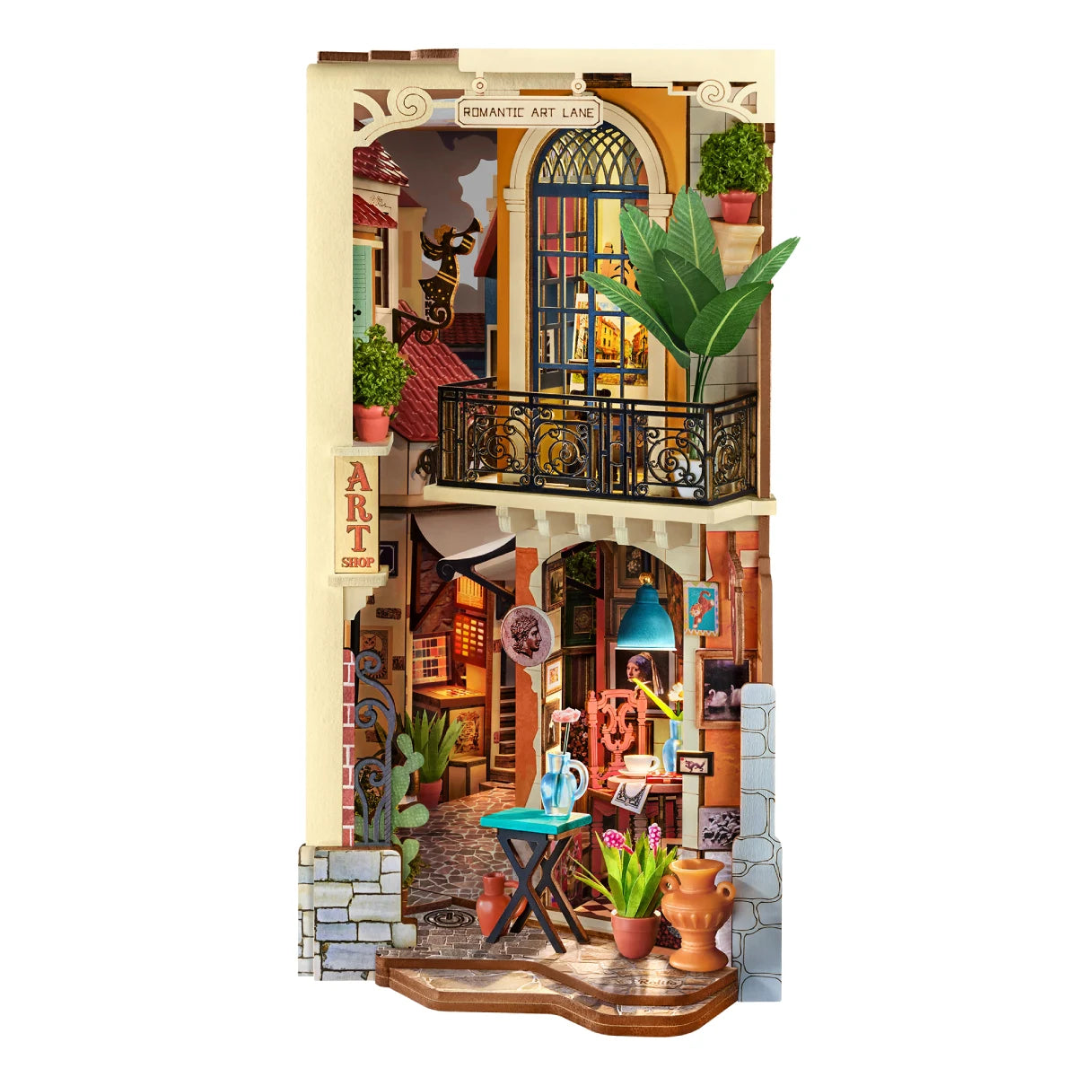 Rolife miniature art shop diorama with arched balcony, blue-framed window, potted plants, framed artwork, blue pendant lamp and small table.