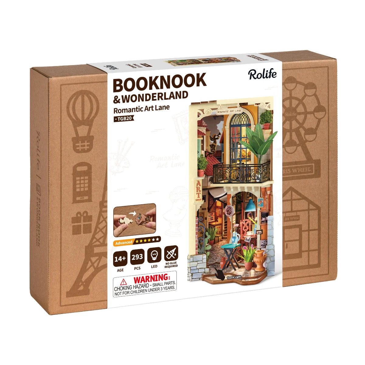 Rolife Booknook & Wonderland Romantic Art Lane box, labelled TGB20, Advanced, 14+, 293 pcs, LED, no glue required, with choking hazard warning.