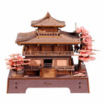 Rolife Sakura Pavilion two-tiered Japanese wooden model with pink cherry blossom trees on display base