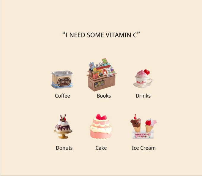 Rolife miniature food and drinks set in I Need Some Vitamin C collage with coffee, donut, cake and ice cream
