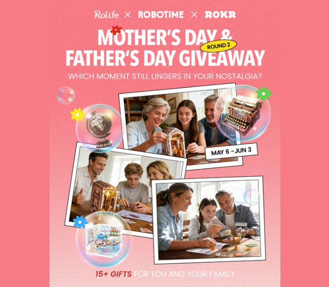 Robotime Mother's Day and Father's Day giveaway round 2 poster with family photos and gift collage on pink background