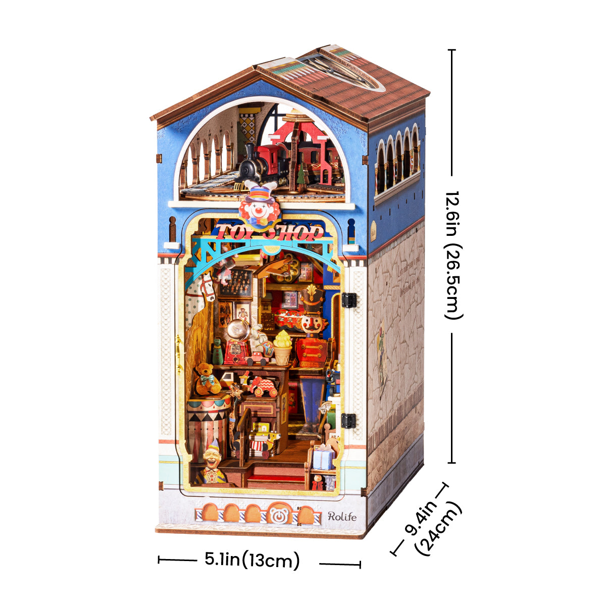Treasure Toy Shop DIY Book Nook size chart showing 13 x 24 x 26.5 cm / 5.1 x 9.4 x 12.6 in dimensions
