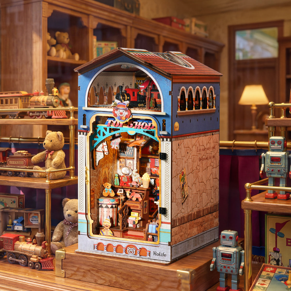Treasure Toy Shop DIY Book Nook toy store scene with teddy bears, trains, and robots