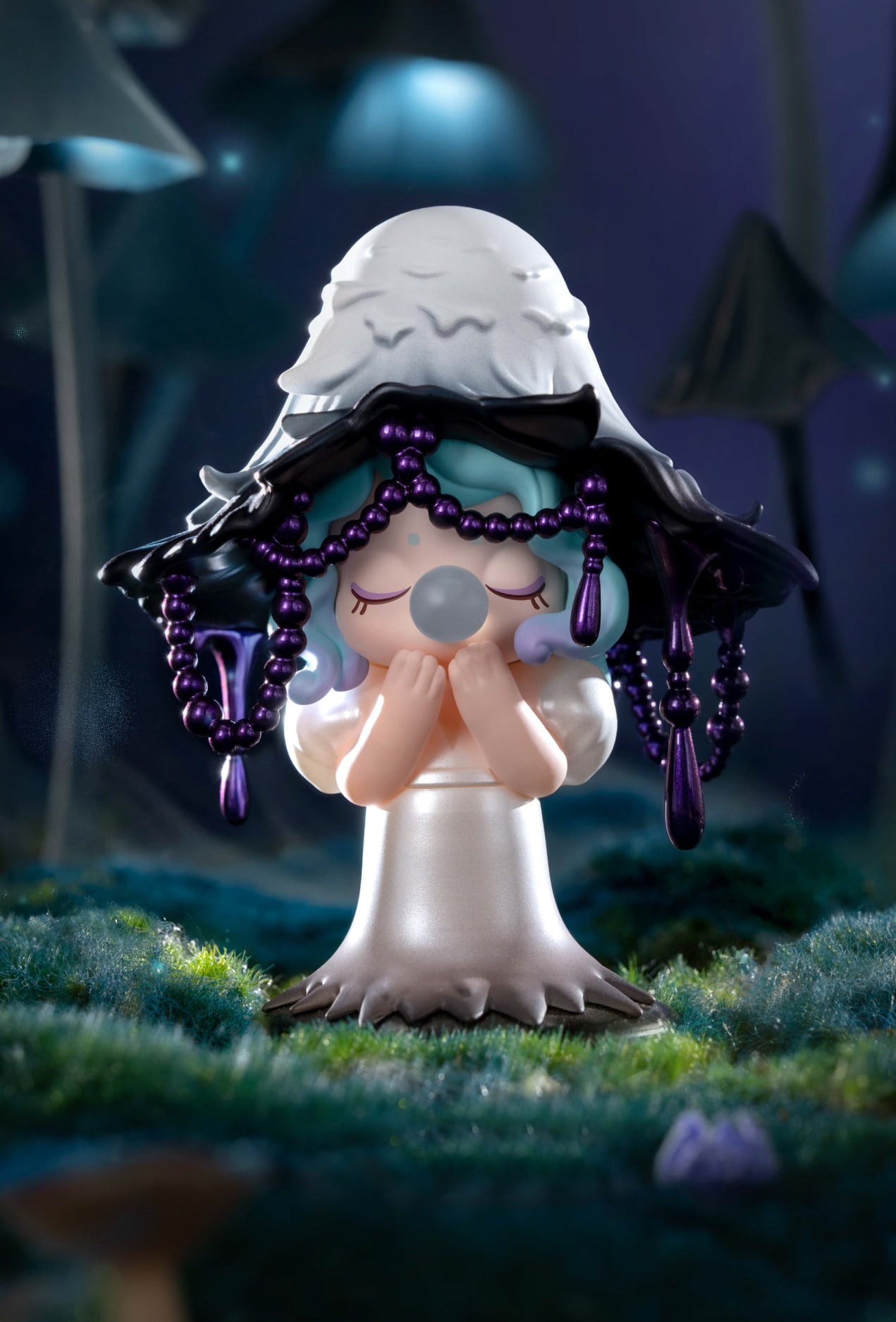 Whimsical mushroom character lamp with purple beads glowing in a moonlit woodland scene