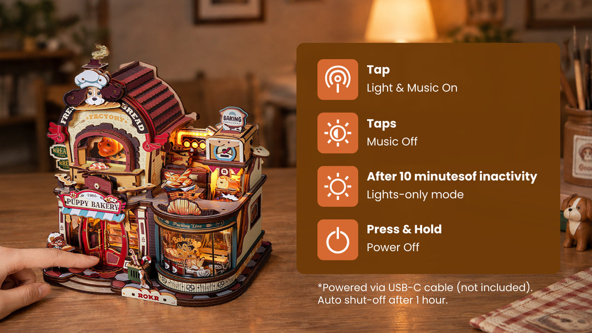 ROKR Dream Bread Factory tap controls for lights and music, lights-only mode, USB-C power, and automatic shut-off