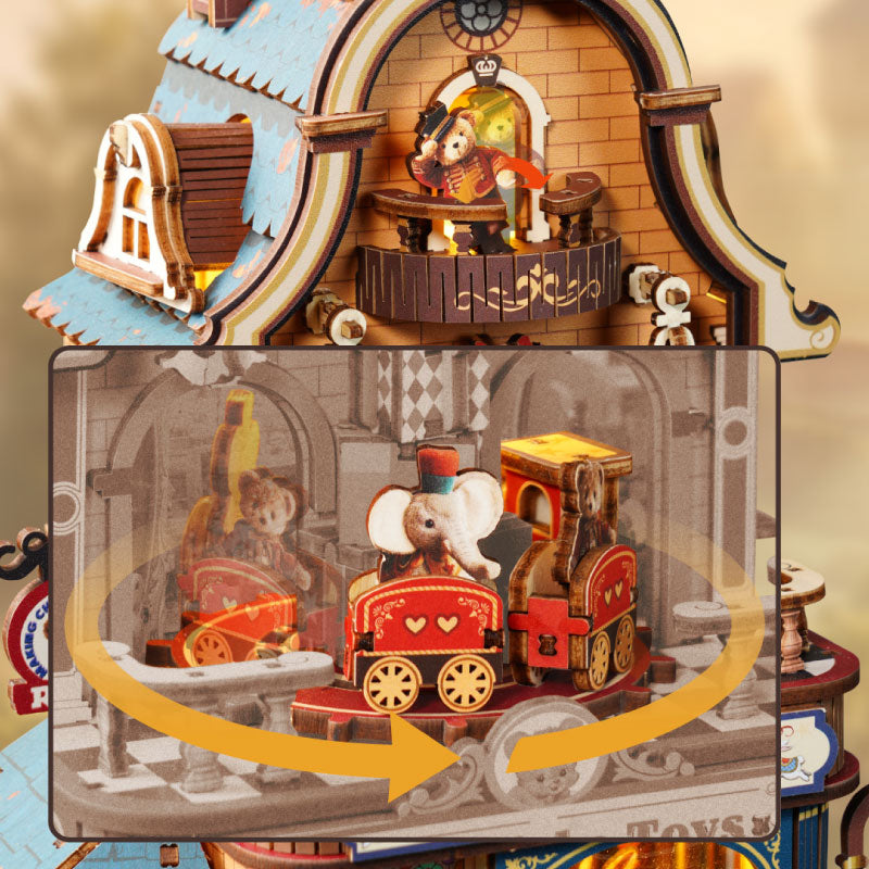 360° Rotating Toy Train Display Stand Top Hat Bear Sways Gently Along