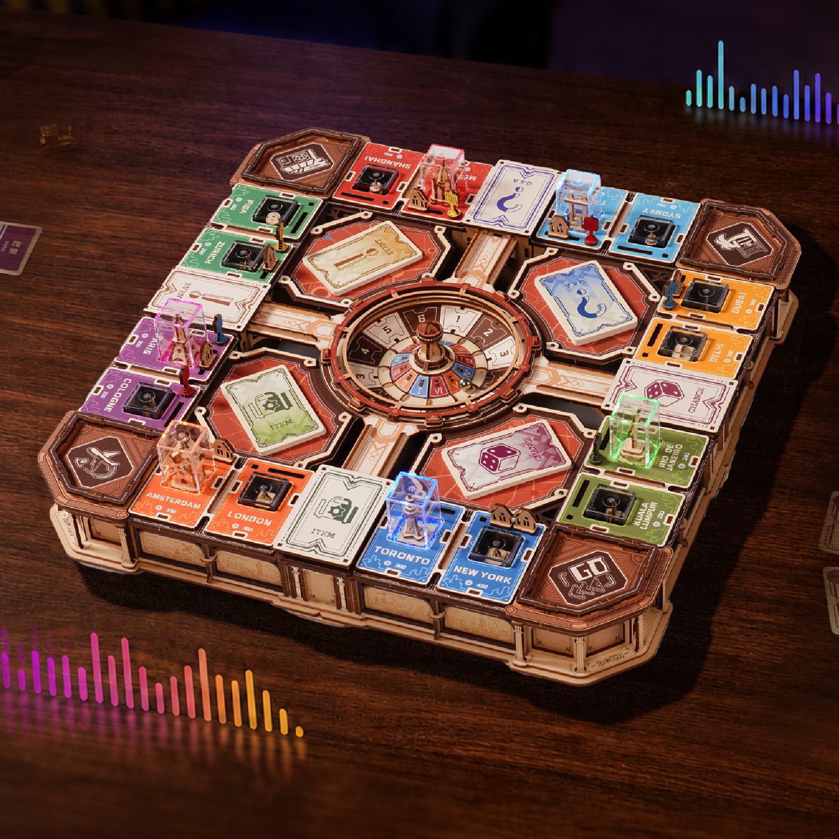 Lights and sounds respond to key game actions.