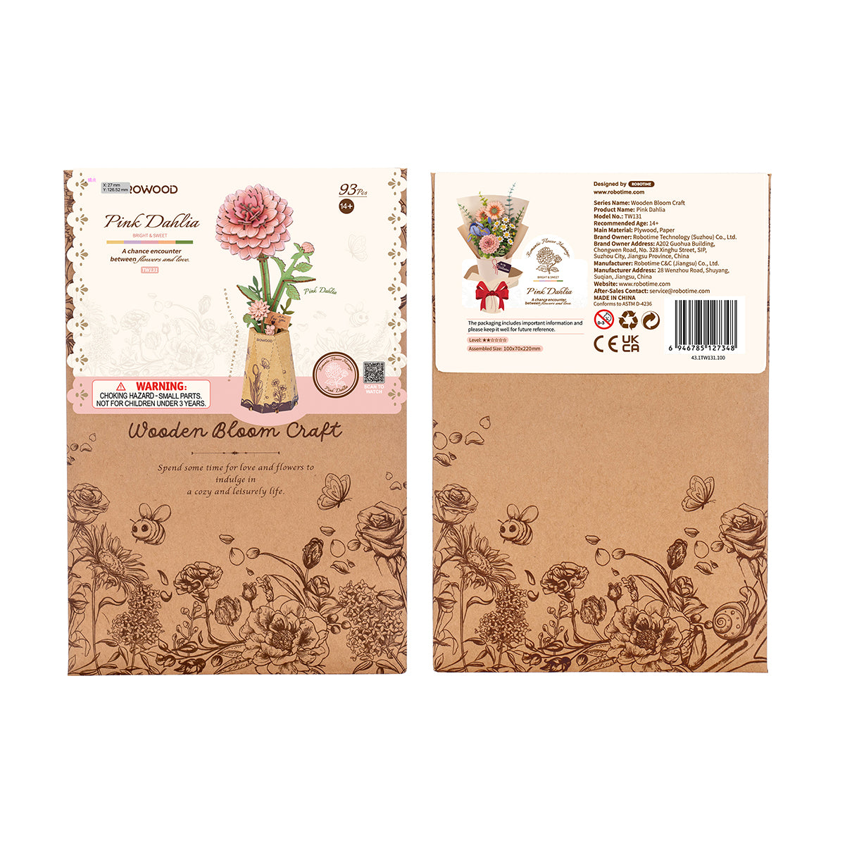 Rowood Pink Dahlia DIY Wooden Flower 3D Puzzle TW131 | Robotime