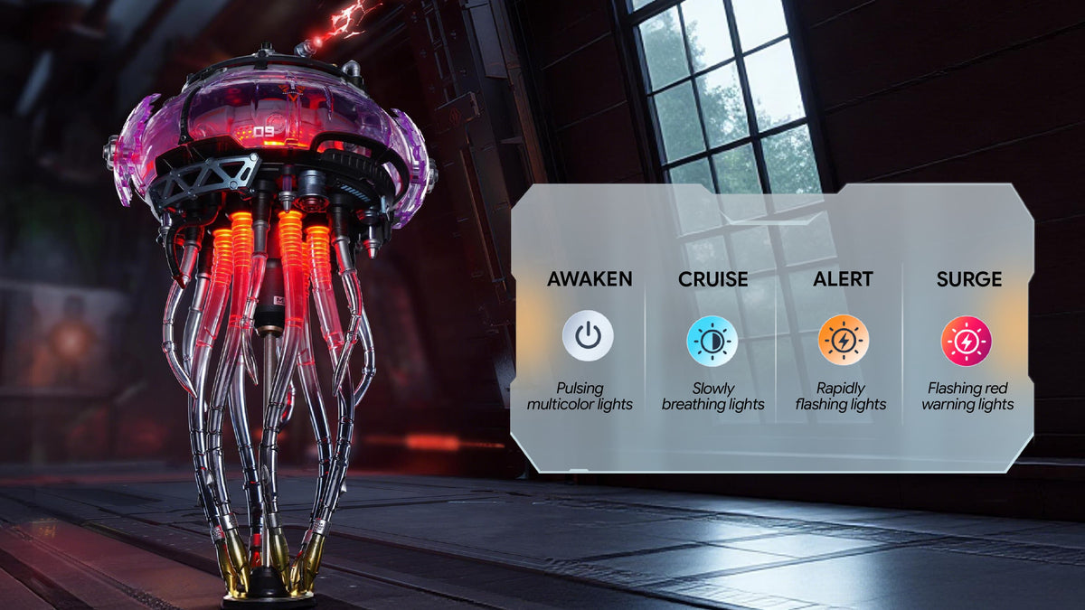Descripciones de los modos de luz Awaken, Cruise, Alert y Surge de ROKR Jellyfish