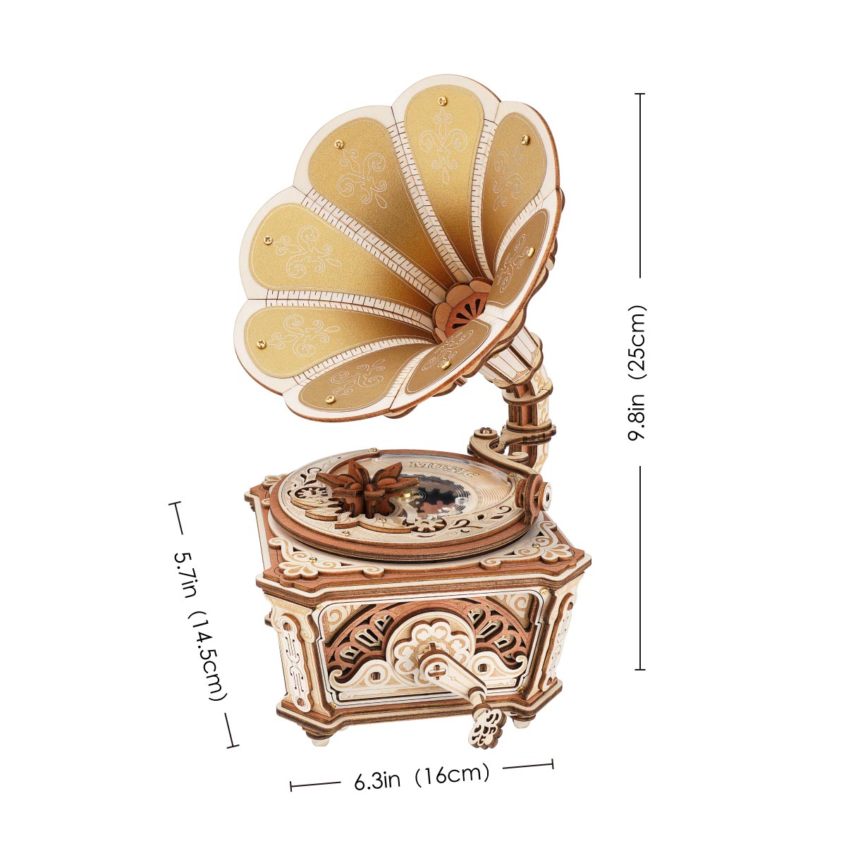ROKR Diva Gramophone Music Box Wooden 3D Puzzle AMK82 3D wooden music box, styled lifestyle scene with model assembled