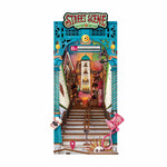 Rolife Street Scene TGB13 Book Nook front-facing view showing the complete miniature street with grand staircase leading to illuminated Poseidon Plaza